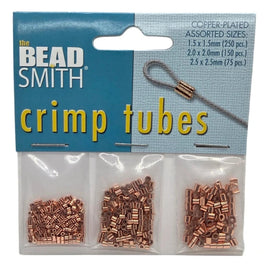 Crimp tube assortment: smooth, copper plated metal, The Bead Smith, 3 sizes- .5 mm, 1.25 mm & 1.3 mm inside dia., 475 pcs. total TCB20S-R