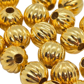 Metal beads: 6 mm corrugated/ fluted round, gold plated metal, 24 beads