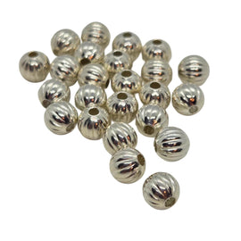 Metal beads: 6 mm corrugated/ fluted round, silver plated metal, 24 beads