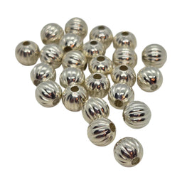 Metal beads: 6 mm corrugated/ fluted round, silver plated metal, 24 beads