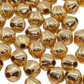 Metal beads: 4 mm corrugated bi-cone, gold plated brass, 1 mm bead hole, 50 beads