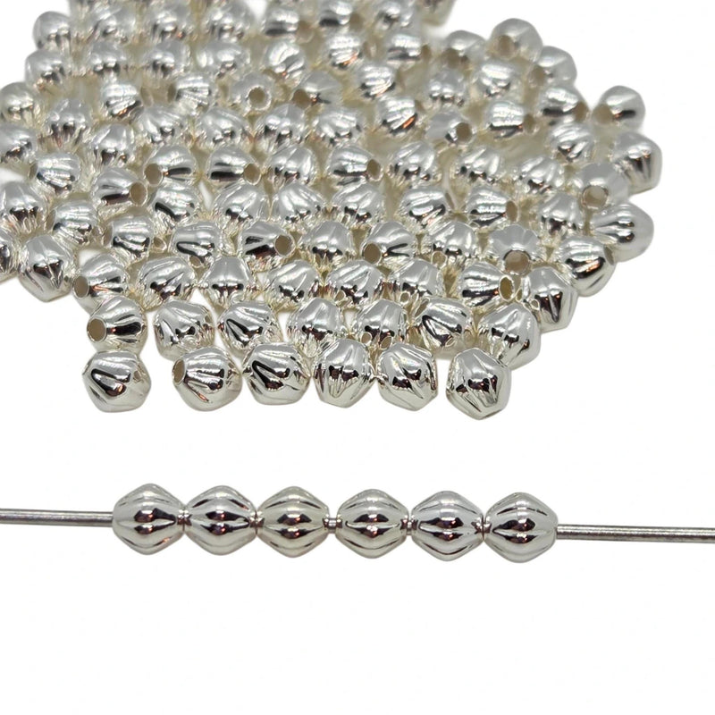 Silver Plated Brass Beads: 3mm Corrugated Bicone, 100 Pieces