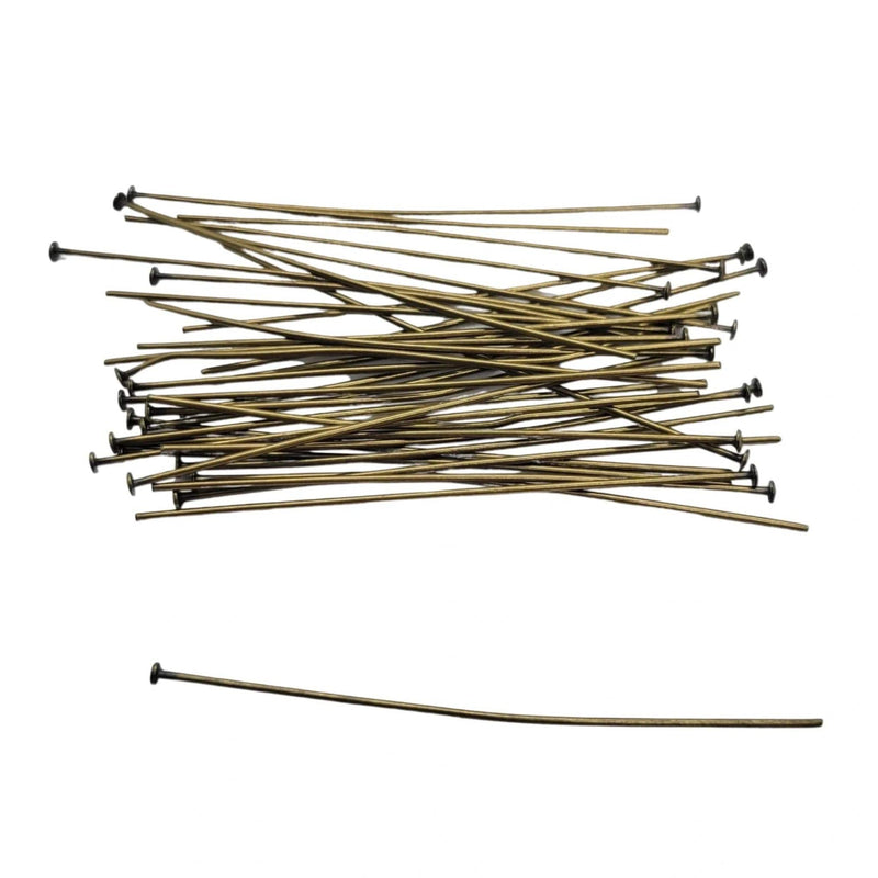Antiqued Brass Headpins - 2 Inch 21 Gauge Flat Head Pins, 48 pcs. - Vintage Bronze Jewelry Findings