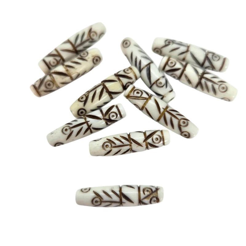 Hand Carved Bone Beads: Tribal Style, 24.5x6mm, 10 Pieces