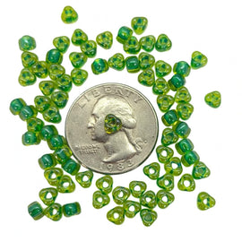 Miyuki #5 (4mm) Triangle Glass Seed Beads: A. Yellow-Lined Kelly Green Glass, TR1811, 20g