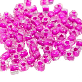 Miyuki #5 (4mm) Triangle Glass Seed Beads: clear color lined fuchsia, TR1110, 20g