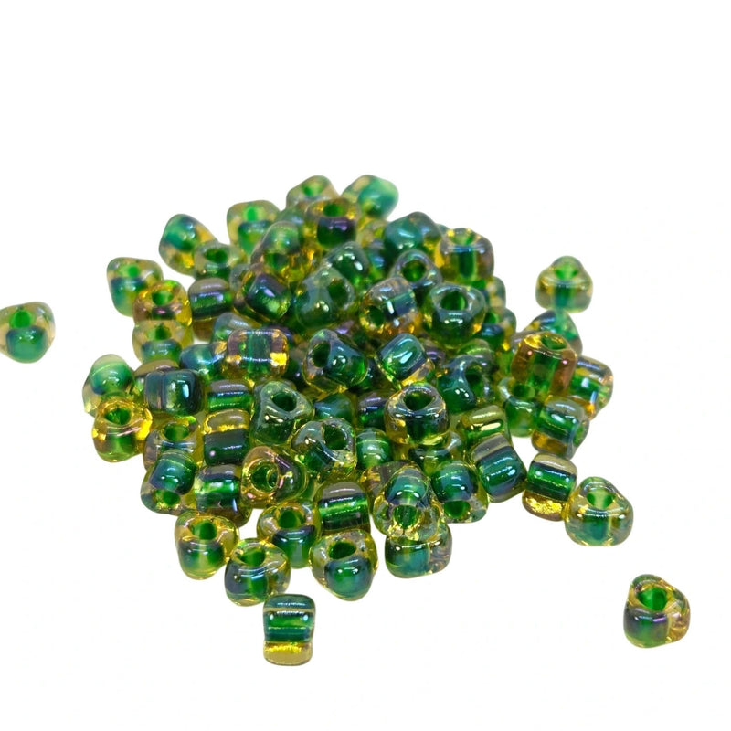 Miyuki #5 (4mm) Triangle Glass Seed Beads: Yellow Lined Green Glass, TR1165, 20g
