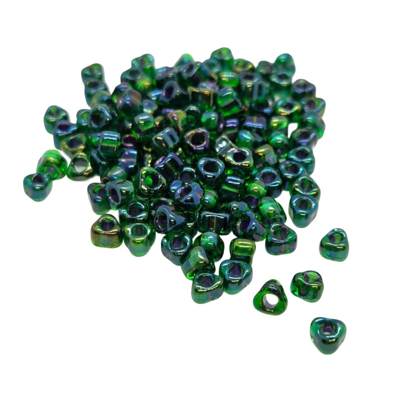 Miyuki #5 (4mm) Triangle Glass Seed Beads: A. Green Lined Yellow, TR1812, ~22g tube