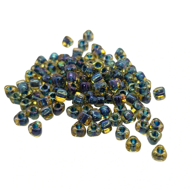 Miyuki #5 (4mm) Triangle Glass Seed Beads: Topaz color lined dark blue, TR1826, ~22g tube