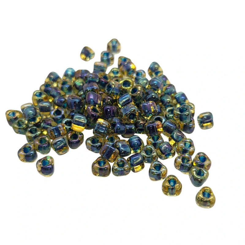 Miyuki #5 (4mm) Triangle Glass Seed Beads: Topaz color lined dark blue, TR1826, ~22g tube