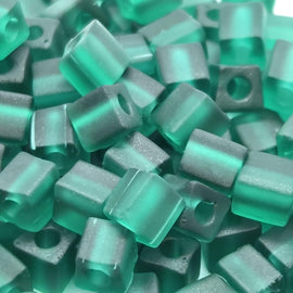Miyuki 4mm square glass seed beads: transparent frosted dark green, SB147F, 20g (~208 beads)