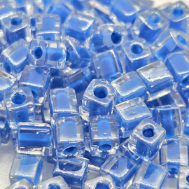 Miyuki 4mm square glass seed beads: clear color lined blue, SB238, 20g (~208 beads)