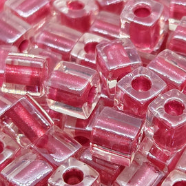 Miyuki 4mm Square Glass Seed Beads: Clear Lined Metallic Pink, SB2603, (20g)
