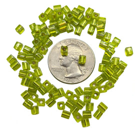 Miyuki 4mm square glass seed beads: Silver Lined Chartreuse, SB014, 20g (~208 beads)