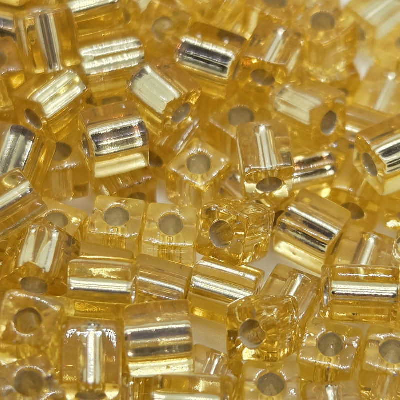 Miyuki 4mm square glass seed beads: silver lined gold, SB003, 20g (~208 beads)