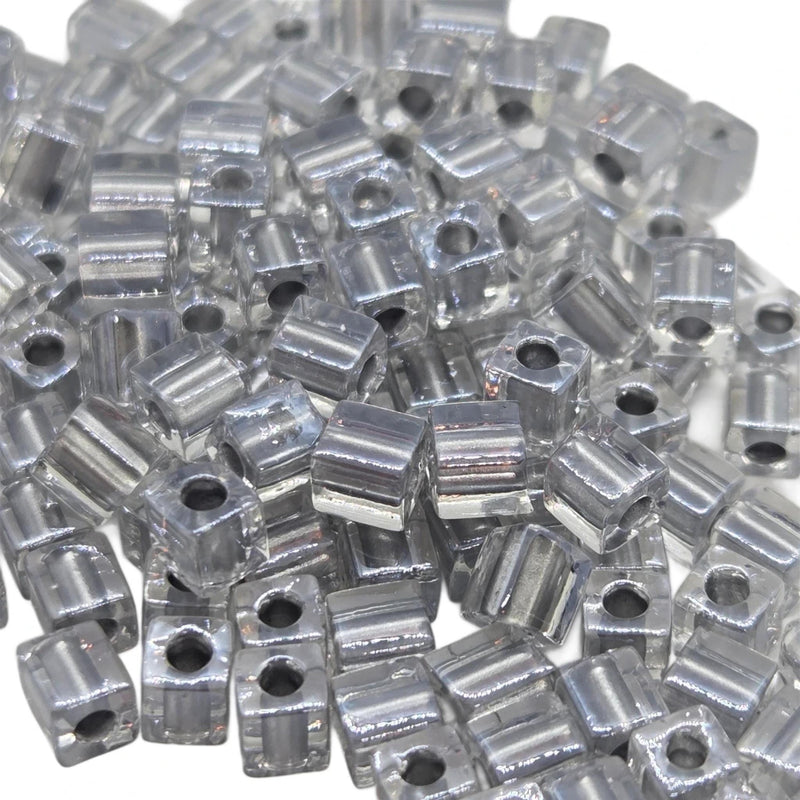 Miyuki 4mm square glass seed beads: silver color lined clear, SB242, 20g (~208 beads)