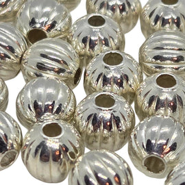 Metal beads: 6 mm corrugated/ fluted round, silver plated metal, 24 beads