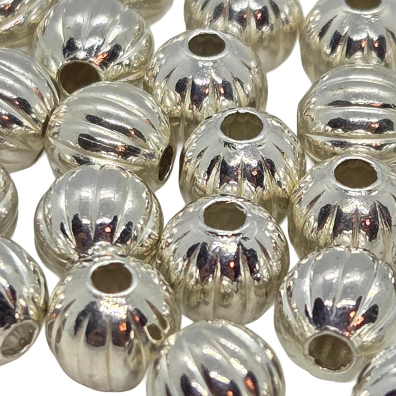 Metal beads: 6 mm corrugated/ fluted round, silver plated metal, 24 beads