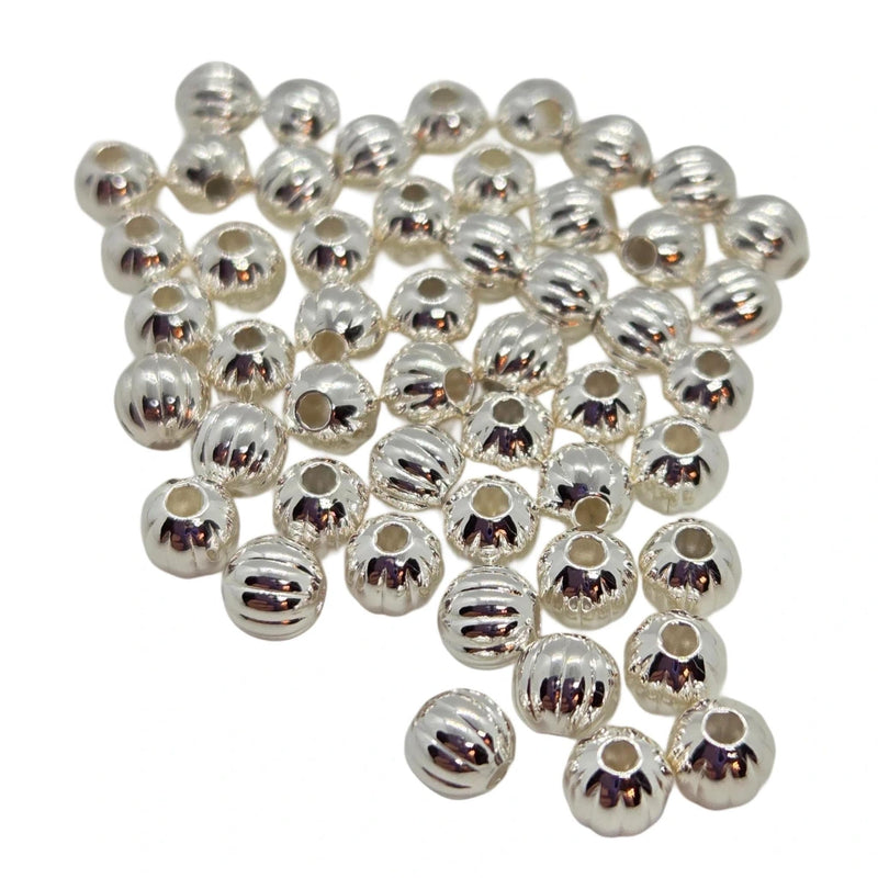 Metal beads: 4 mm corrugated round beads, silver plated brass, 50 beads