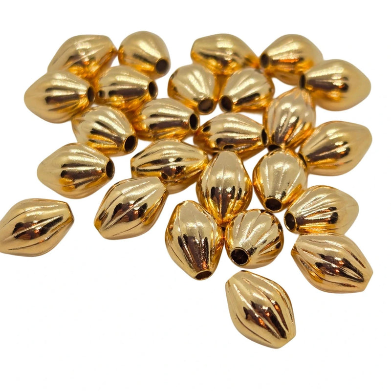 Gold Plated Corrugated Bicone Beads: 7x5mm Brass, 25 Pcs