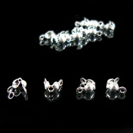 clamshell bead tips: 4 mm, silver plated w/ 2 loops, 144 pieces. WHOLESALE, bulk, large quantity, ends. 6.5mm long when closed x 4mm wide.