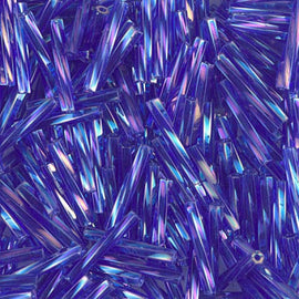 12x2mm AB transparent cobalt twisted bugle beads, Miyuki 177, 25gm, ~420 beads