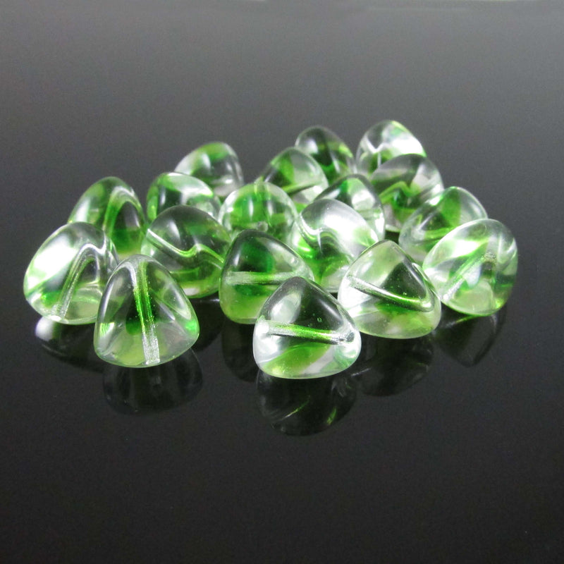 12 x 11mm green & clear glass trigons, 8" strand (18 beads)