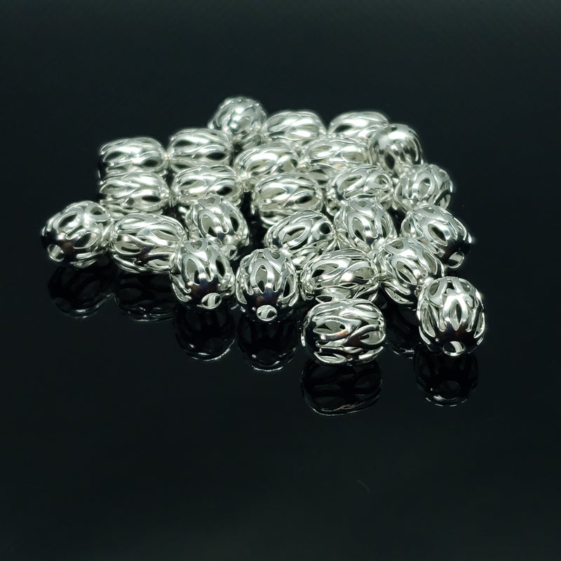 10mm x 8mm cutout weave oval silver plated brass beads, 25 pcs.