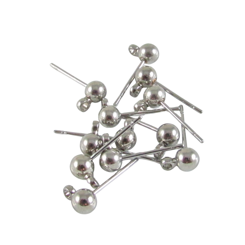 Stainless steel earring posts finding w/ white plated loop & 4mm ball, 12pcs