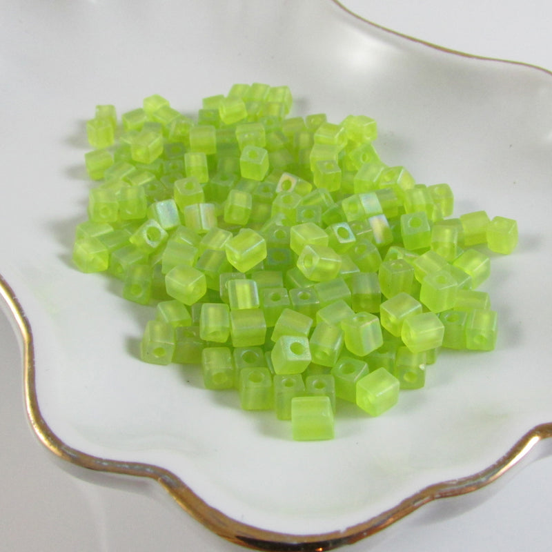4mm trans frost rainbow lime green square beads, Miyuki SB143FR, 20gm ~208 beads