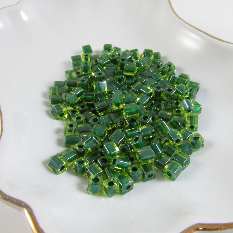 4mm green color lined green square beads, Miyuki SB2632, 20gm, ~208 beads