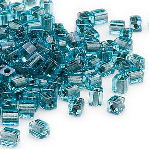 4mm blue color lined platinum square beads, Miyuki SB2639, 20gm, ~208 beads