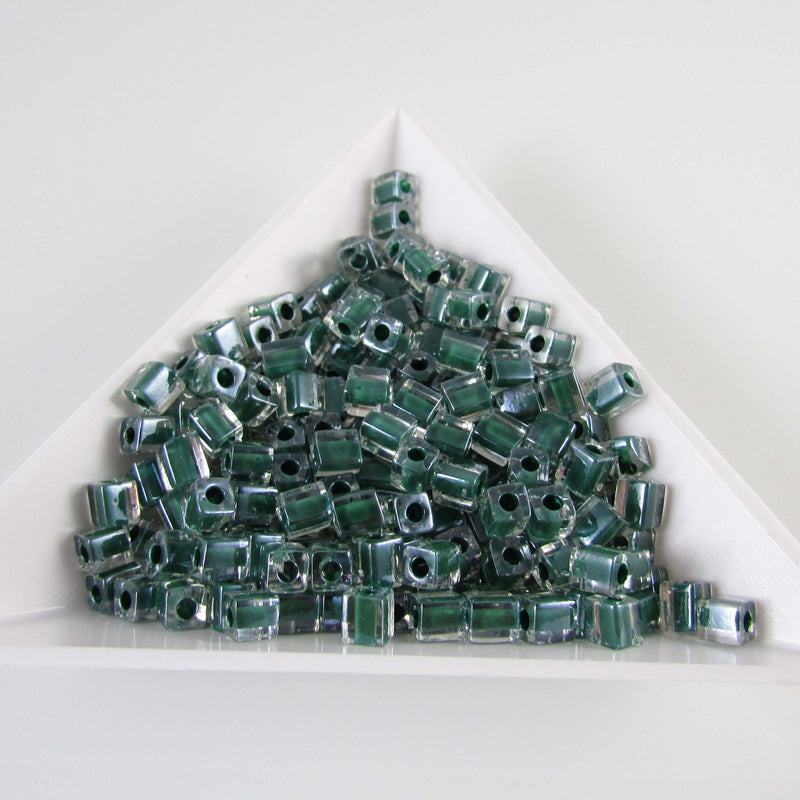 4mm clear color lined dark green square beads, Miyuki SB217, 20gm, ~208 beads