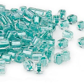 4mm clear color lined metallic teal square beads Miyuki SB2605, 20gm, ~208 beads