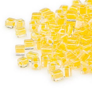 4mm clear color lined yellow square beads, Miyuki SB202, 20gm, ~208 beads