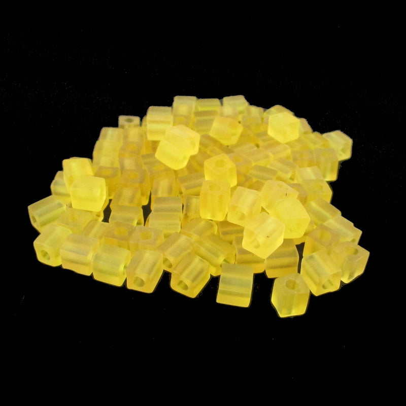 4mm transparent frosted yellow square beads, Miyuki # SB136F, 20 gm, ~208 beads