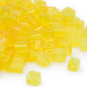 4mm transparent frosted yellow square beads, Miyuki # SB136F, 20 gm, ~208 beads