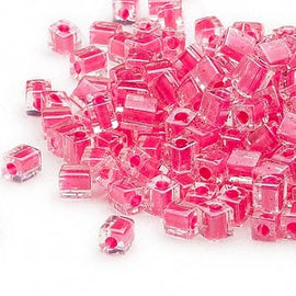 4mm clear color lined hot pink square beads, Miyuki SB208, 20gm, ~208 beads