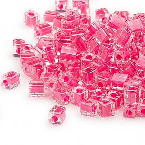 4mm clear color lined hot pink square beads, Miyuki SB208, 20gm, ~208 beads