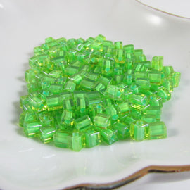 4mm lime color lined dark green square beads, Miyuki SB2634, 20gm, ~208 beads
