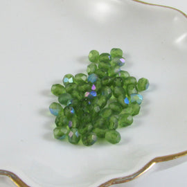 6mm facet round AB matte lt green Czech fire polish glass beads, 8"str ~33 beads