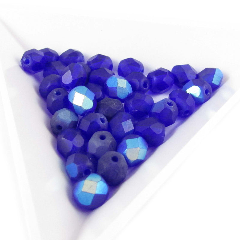 6mm facet round, AB matte dk blue Czech fire polish glass beads, 8"str ~33 beads