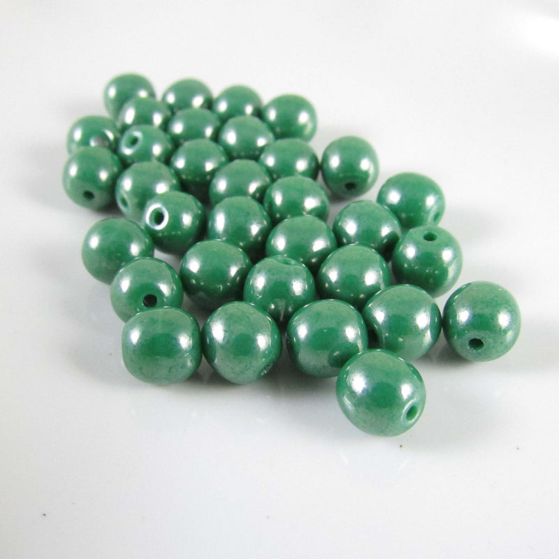 6mm opaque luster green Czech glass druk beads, 8" strand (33 beads)