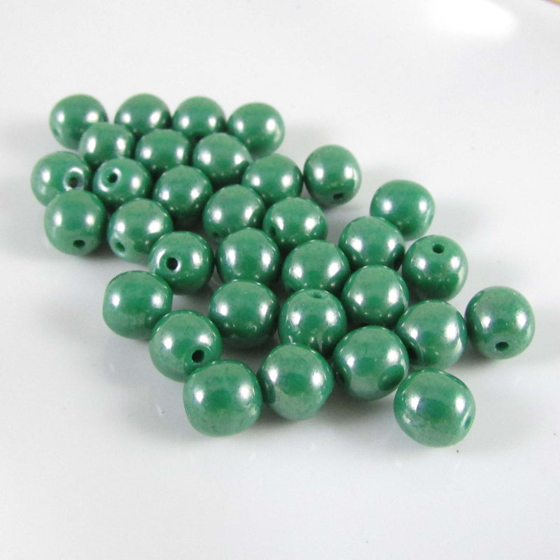 6mm opaque luster green Czech glass druk beads, 8" strand (33 beads)