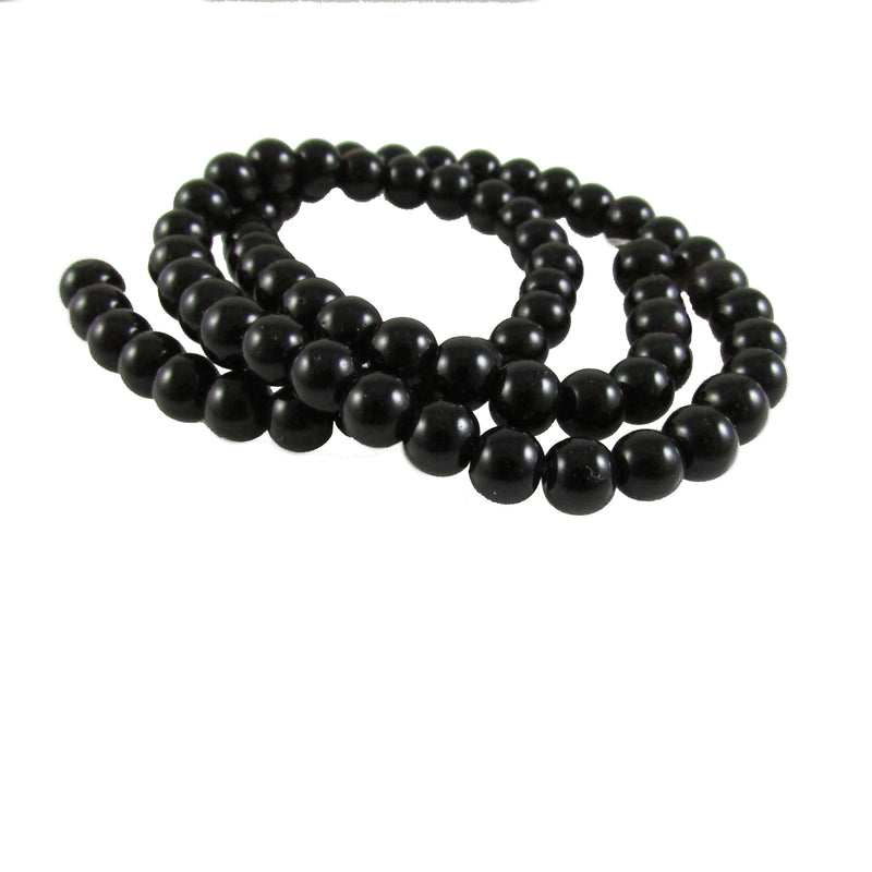 6mm black, round, glass beads, 15"- 16" strand , approx 65- 70 beads