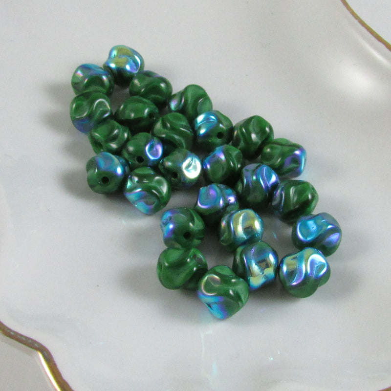 8mm AB green Czech pressed glass bumpy round beads, 8" strand (25 beads)