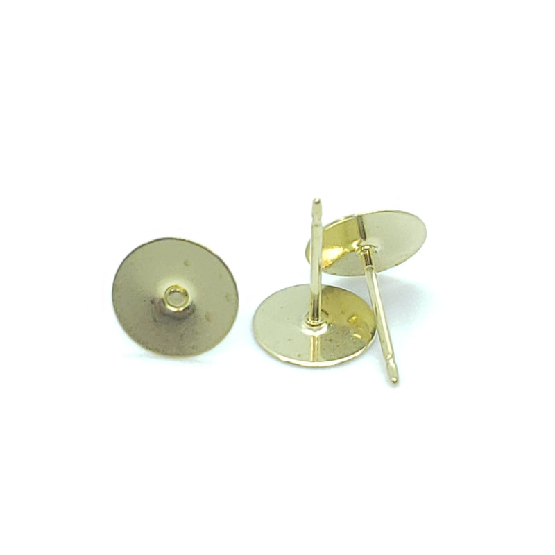 8mm gold plated metal flat pad earring posts, 24 pcs. (12 pair)