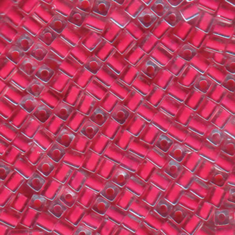 20 Grams Clear Hot Pink Lined Miyuki 4mm Square Cube Glass Seed, Loose Beads