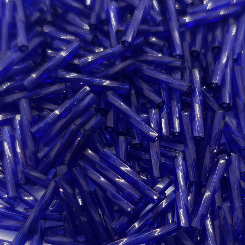 12x2mm transparent dark cobalt twisted bugle beads Miyuki 1711, 25gm ~420 beads
