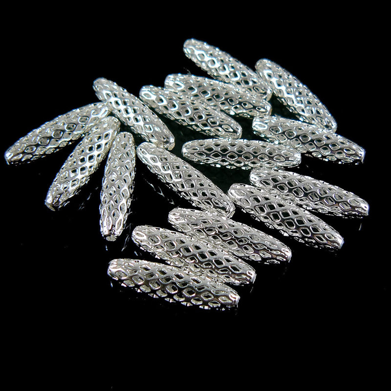 19mm x 5mm silver plated brass, open weave oval beads, 25 pieces